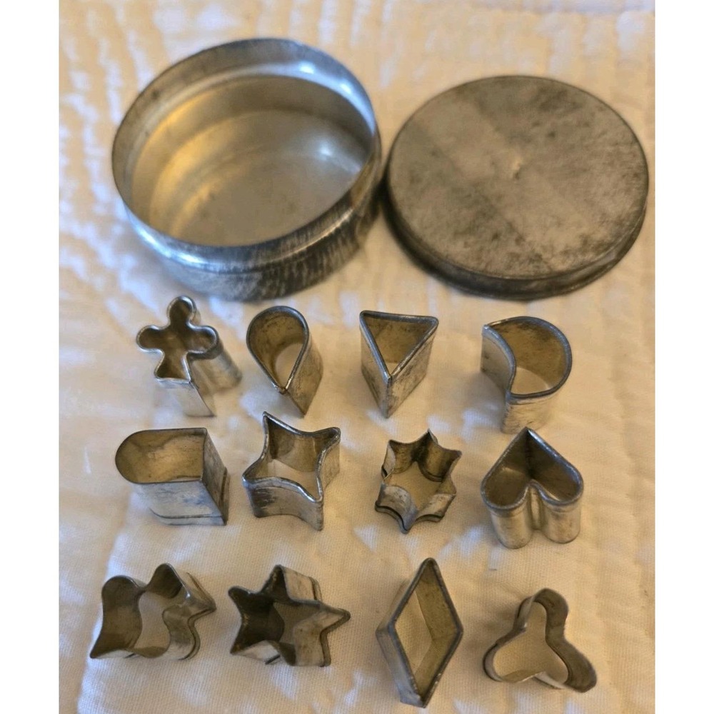 Vintage Set of 12 Mini Tiny Little Cookie Pastry Cutters In Metal Storage Tin